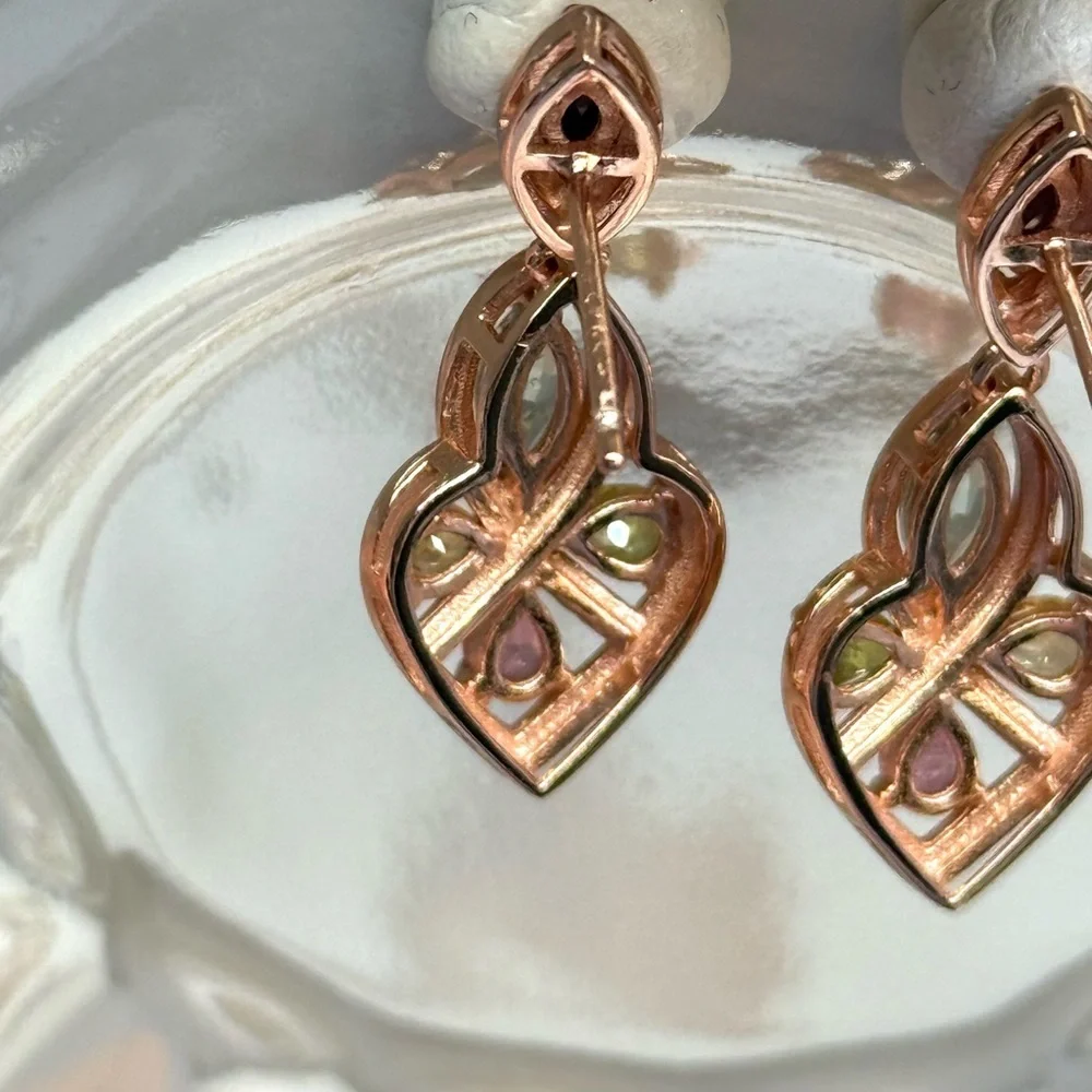 ETR2 2CT Natural Rainbow Tourmaline ART DECO HEART Earrings 18K Rose Gold S925